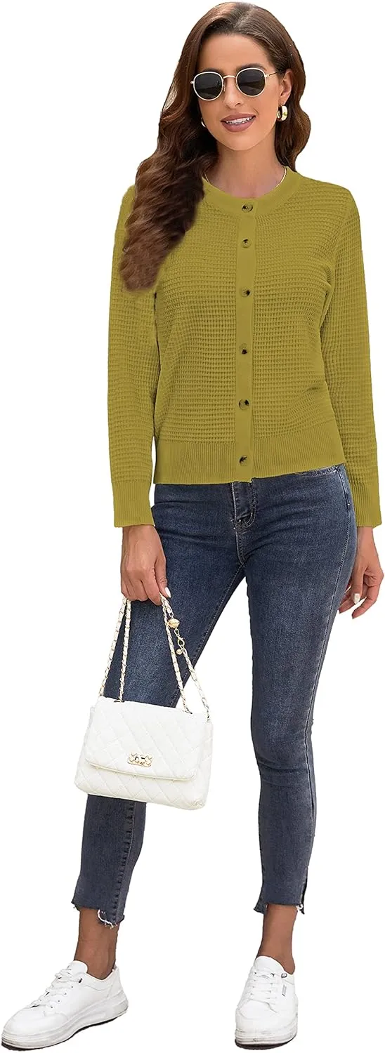 Women's Crew Neck Button Down Long Sleeve Solid Knit Classic Cardigan Sweater