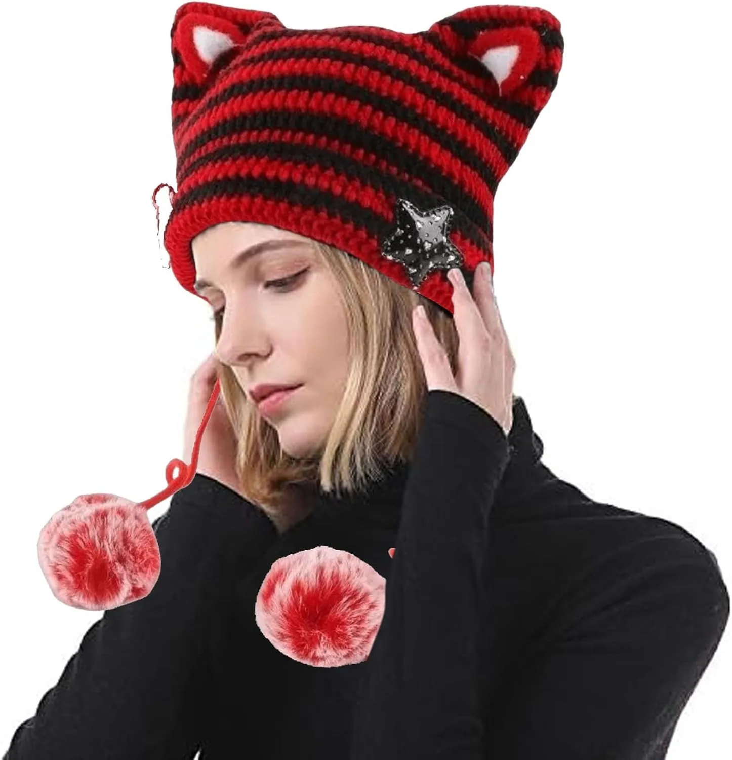 Women's Hat Cat Ear Crochet Knit Caps Warm Snowboarding Winter Outdoor Earflap Crochet Beanie Ear Cover Hat