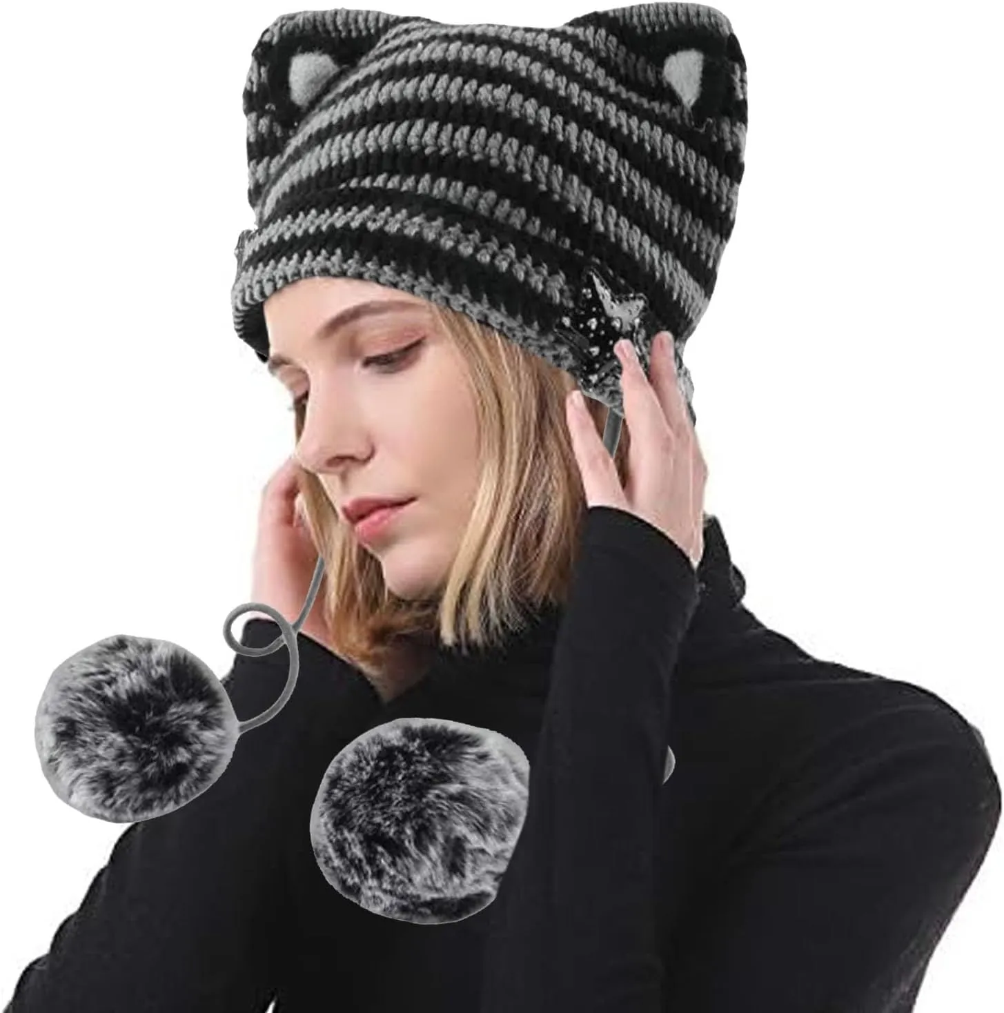 Women's Hat Cat Ear Crochet Knit Caps Warm Snowboarding Winter Outdoor Earflap Crochet Beanie Ear Cover Hat