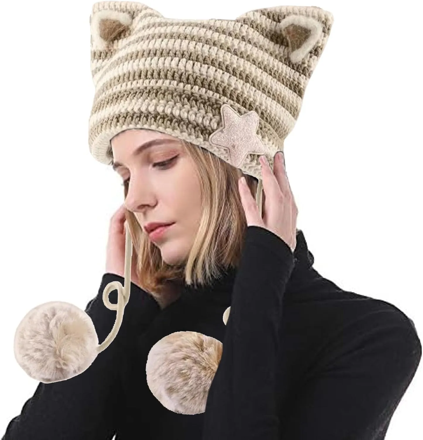 Women's Hat Cat Ear Crochet Knit Caps Warm Snowboarding Winter Outdoor Earflap Crochet Beanie Ear Cover Hat