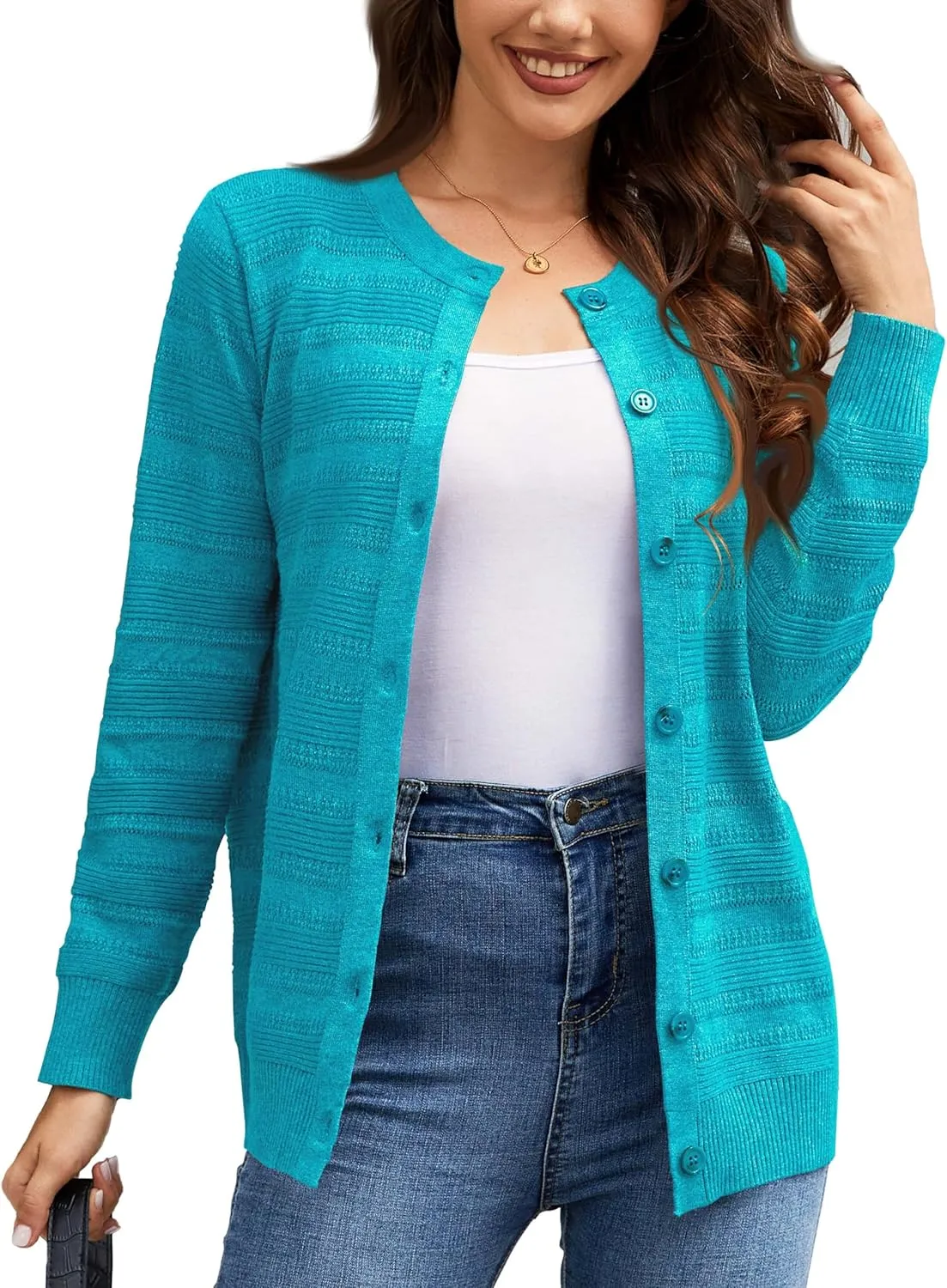 Women's Lightweight Crew Neck Button Down Long Sleeve Cardigan Knit Open Front Sweater