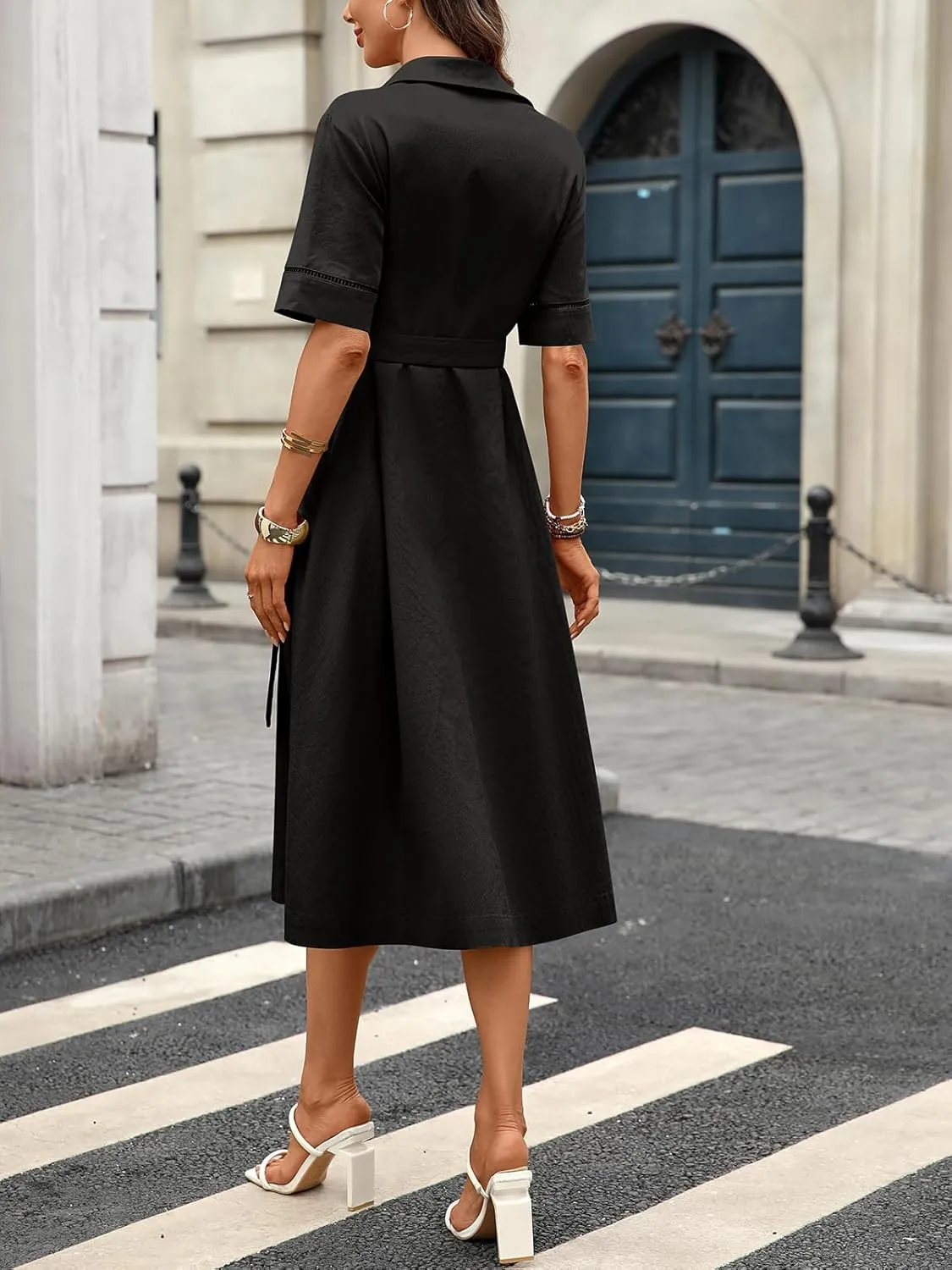 Women's Linen Button Down Shirt Dress Collared Short Sleeve Midi Belt Dresses with Pockets