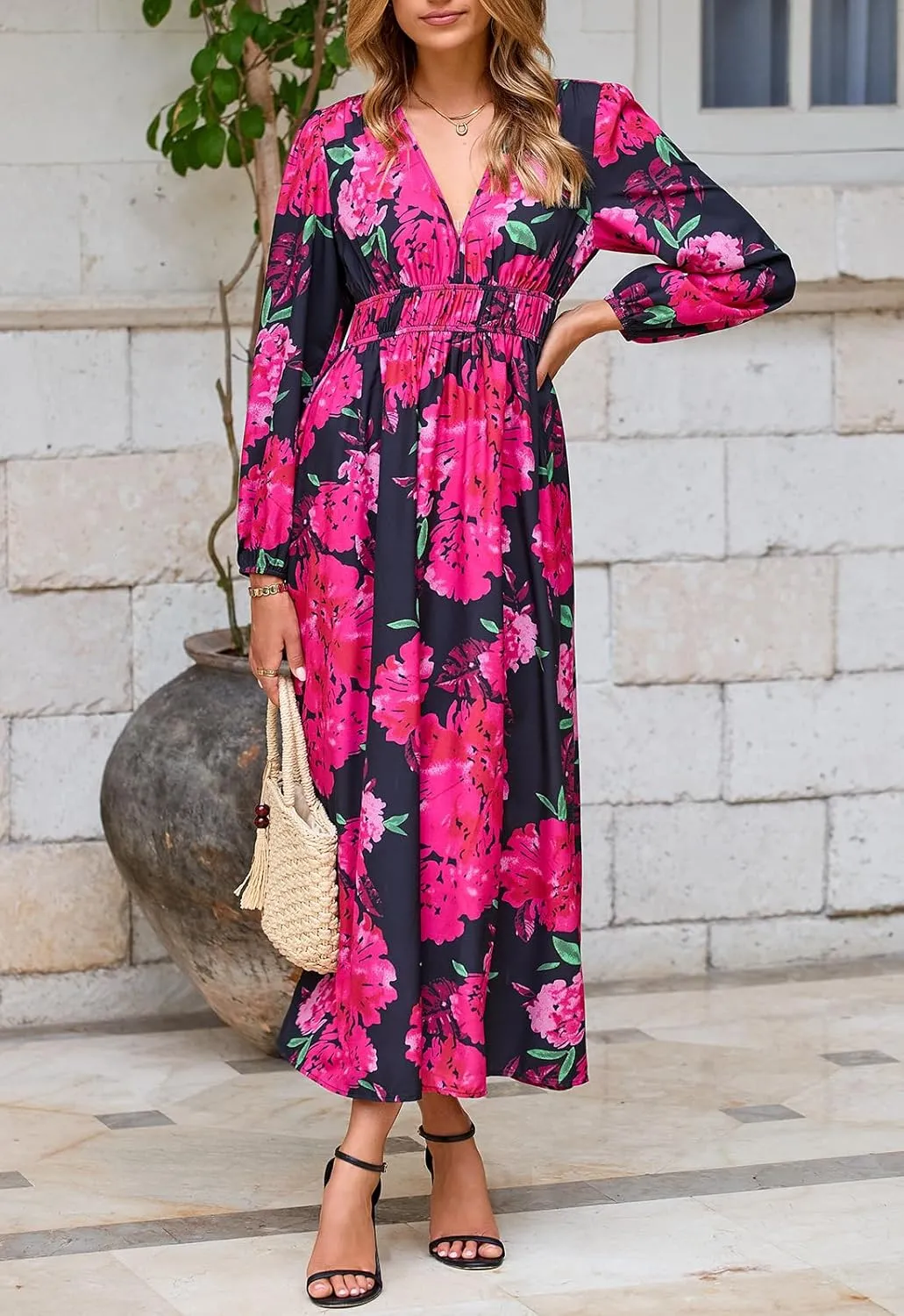 Women's Long Sleeve Floral Maxi Dress Summer Wedding Guest Dress