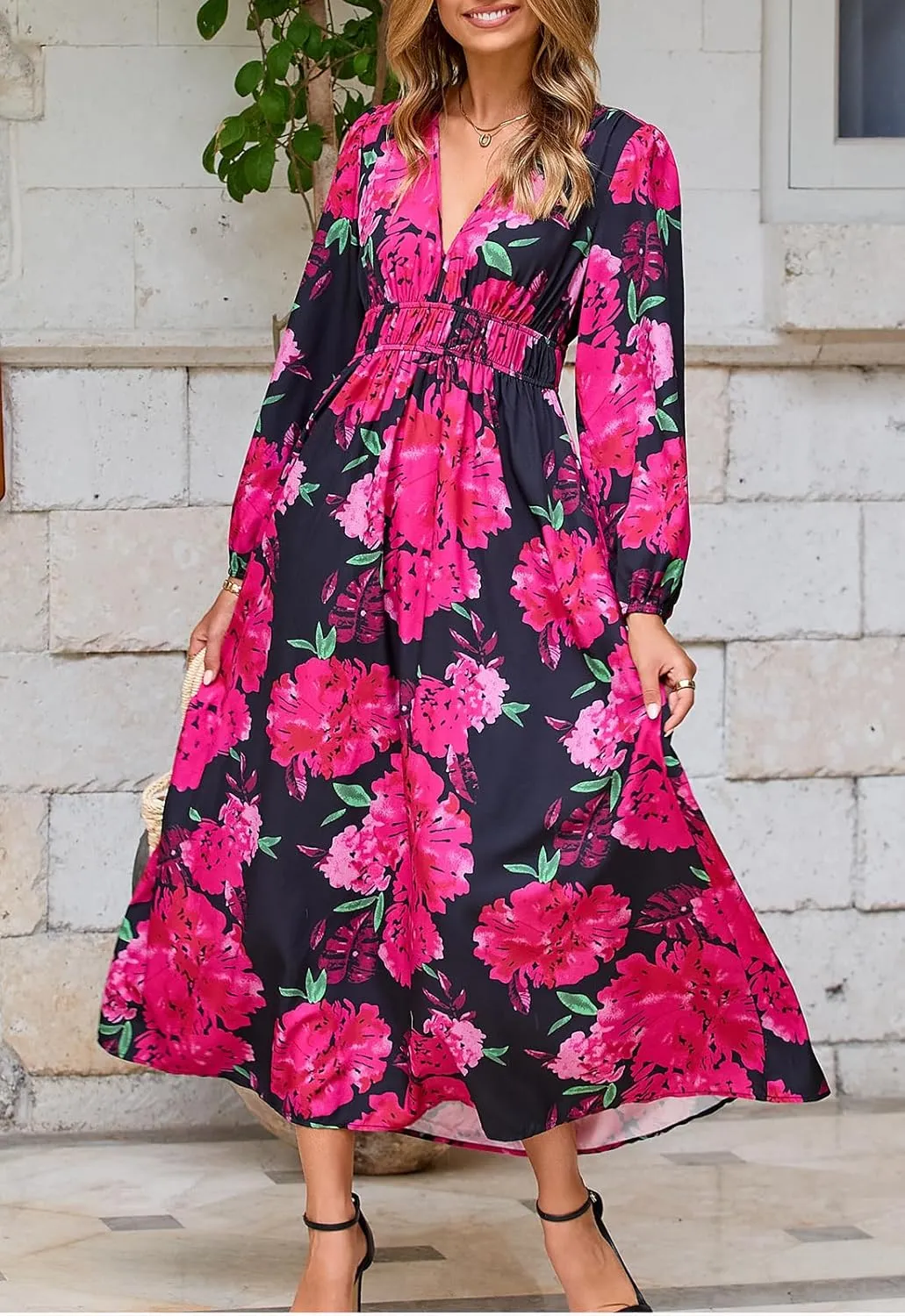 Women's Long Sleeve Floral Maxi Dress Summer Wedding Guest Dress