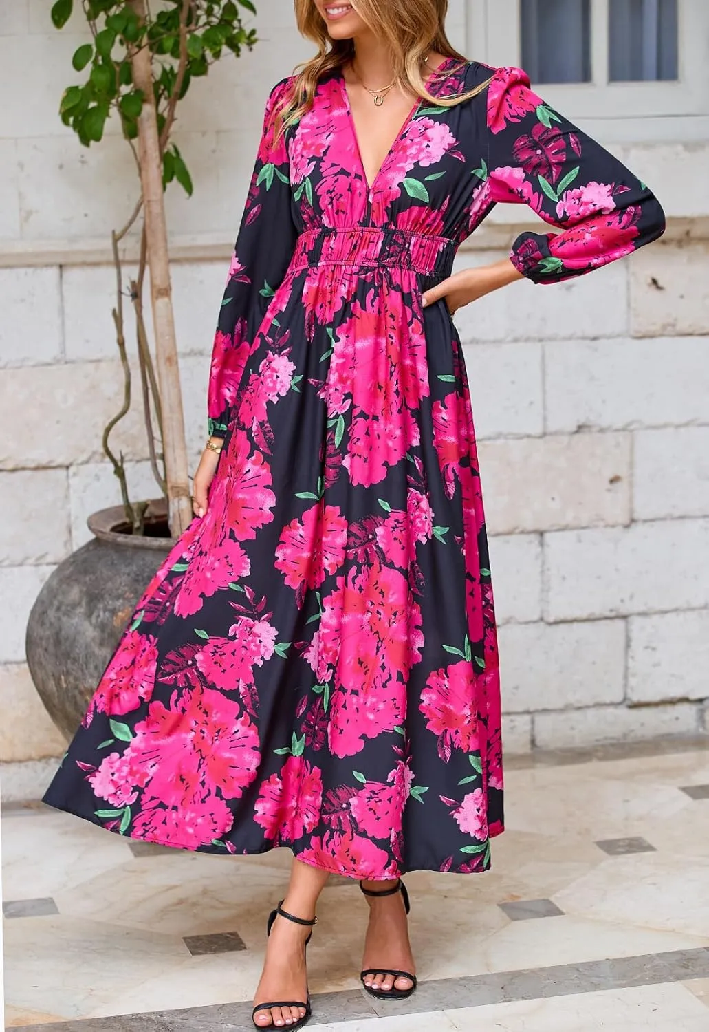 Women's Long Sleeve Floral Maxi Dress Summer Wedding Guest Dress