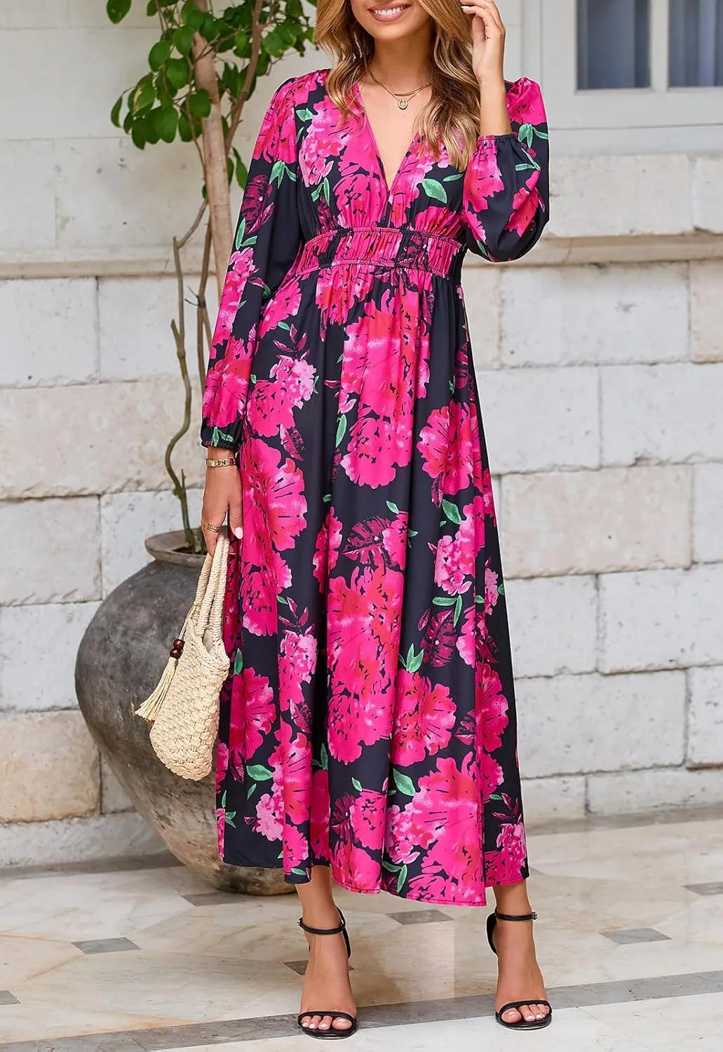 Women's Long Sleeve Floral Maxi Dress Summer Wedding Guest Dress