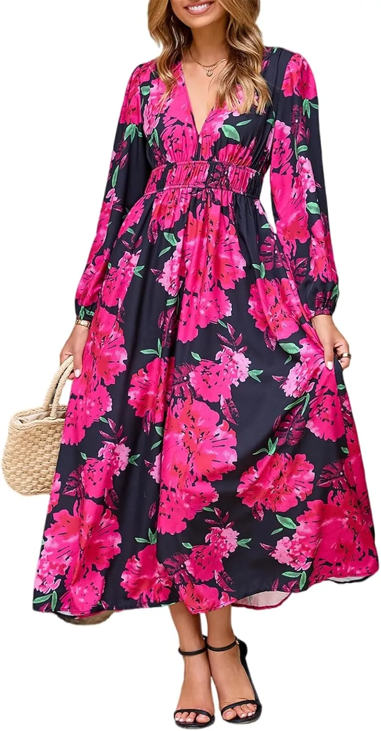 Women's Long Sleeve Floral Maxi Dress Summer Wedding Guest Dress