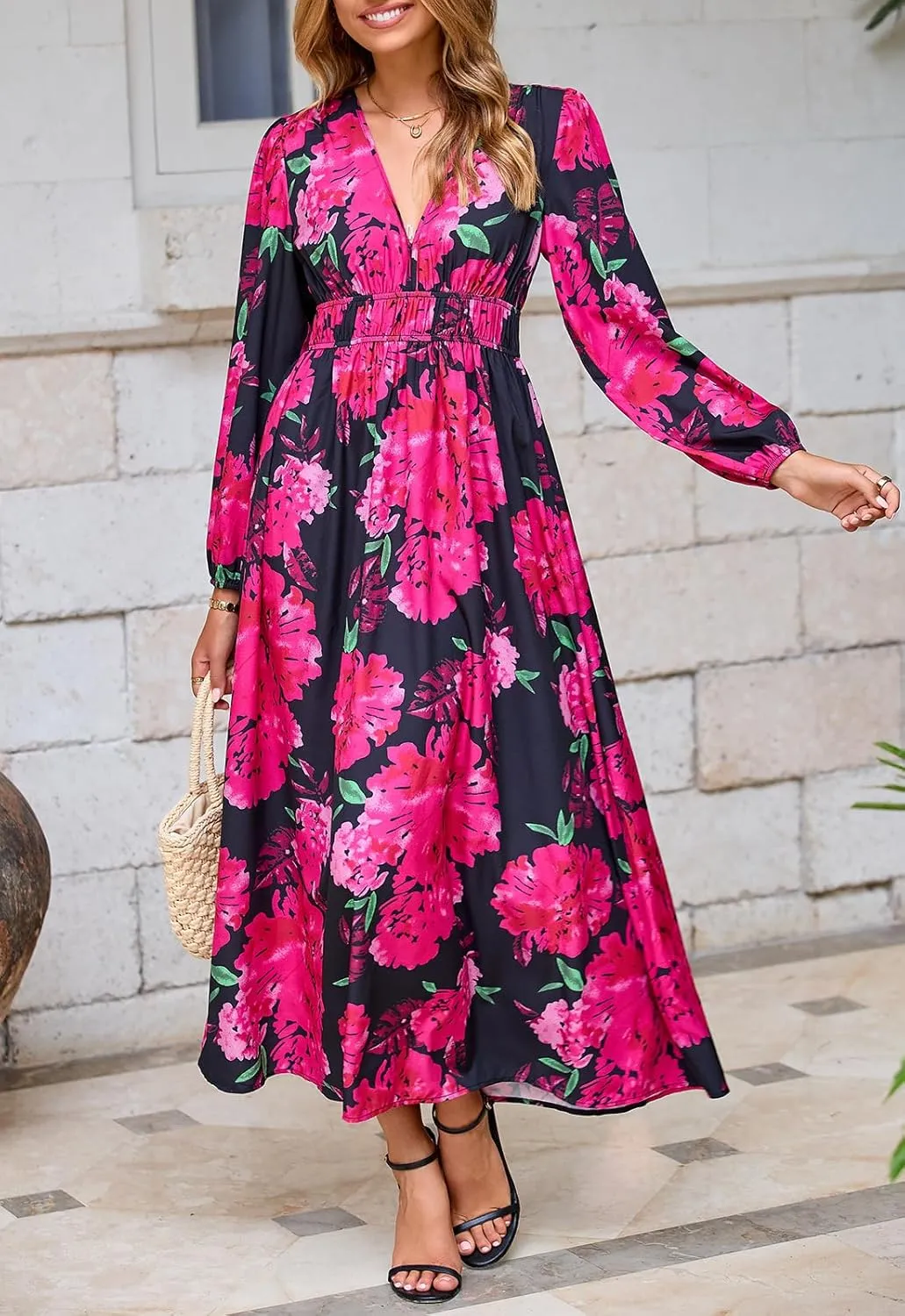 Women's Long Sleeve Floral Maxi Dress Summer Wedding Guest Dress