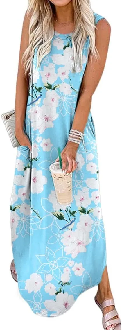 Women's Loose Sundress Long Dress Sleeveless Split Maxi Dresses 2025 Summer Beach Dress with Pockets