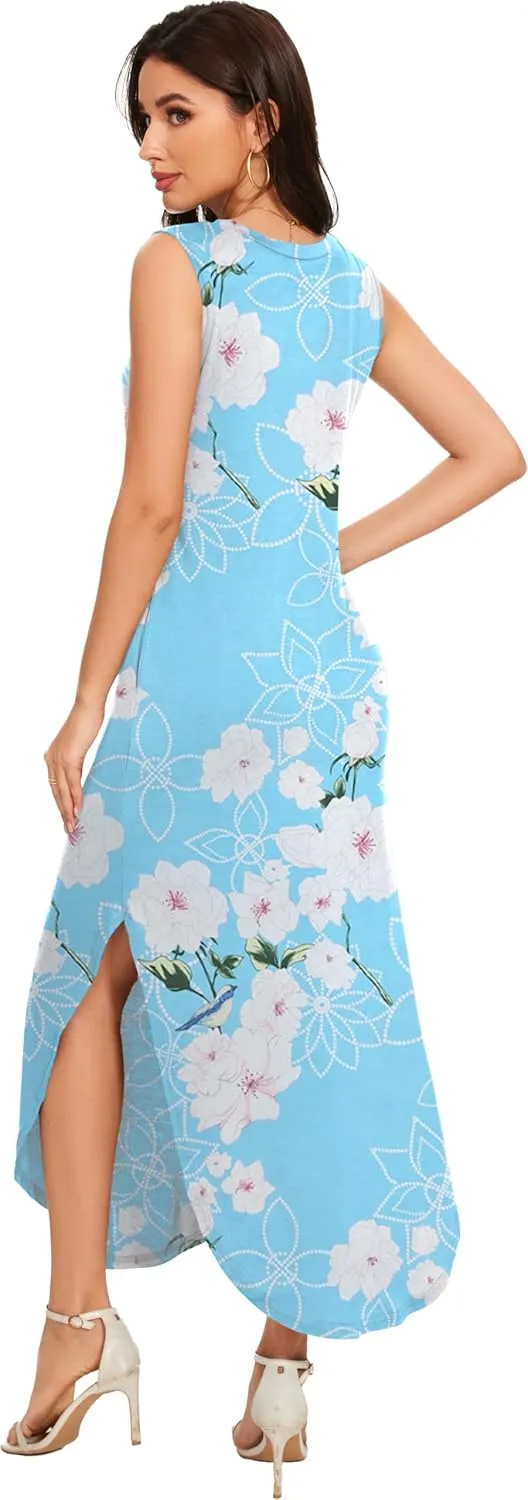 Women's Loose Sundress Long Dress Sleeveless Split Maxi Dresses 2025 Summer Beach Dress with Pockets