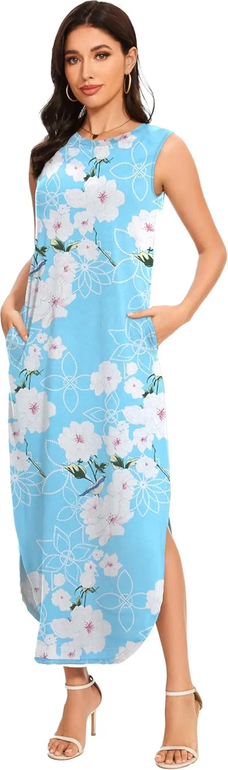 Women's Loose Sundress Long Dress Sleeveless Split Maxi Dresses 2025 Summer Beach Dress with Pockets