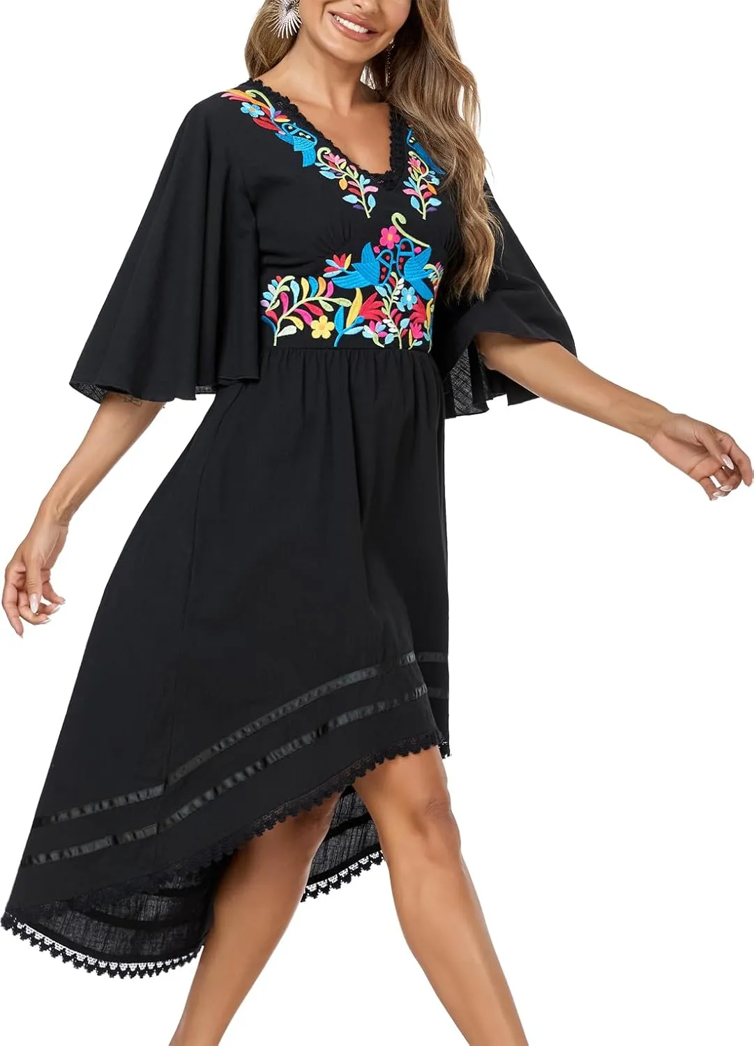 Women's Mexican Dress Casual Floral Embroidered V Neck Flowy 3/4 Sleeve Beach Sundress Cocktail Dress