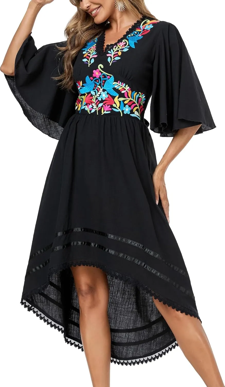 Women's Mexican Dress Casual Floral Embroidered V Neck Flowy 3/4 Sleeve Beach Sundress Cocktail Dress