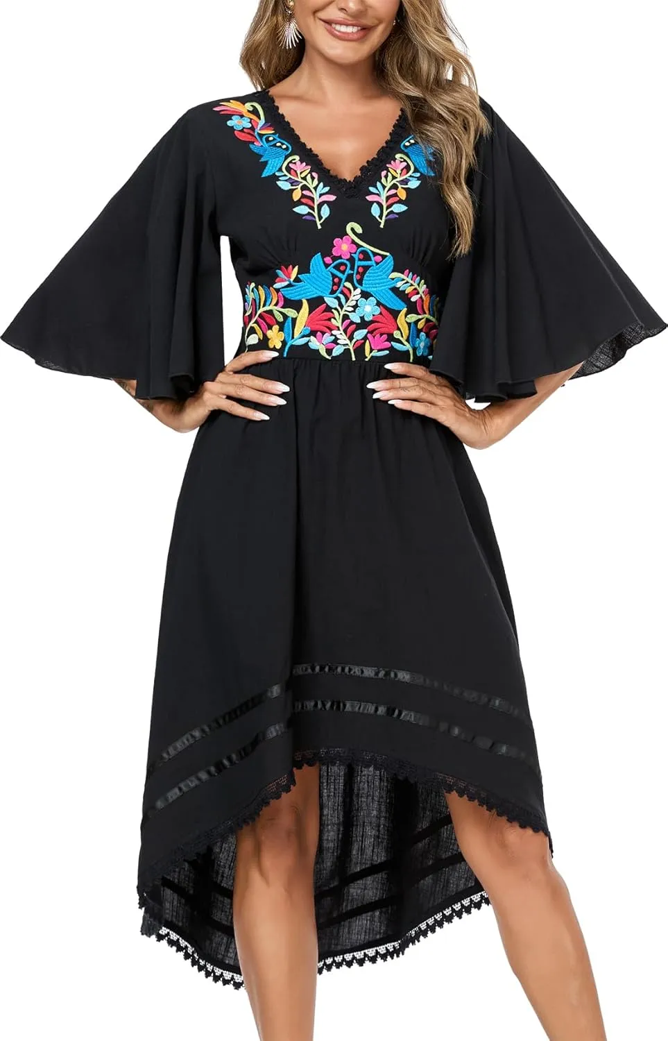 Women's Mexican Dress Casual Floral Embroidered V Neck Flowy 3/4 Sleeve Beach Sundress Cocktail Dress