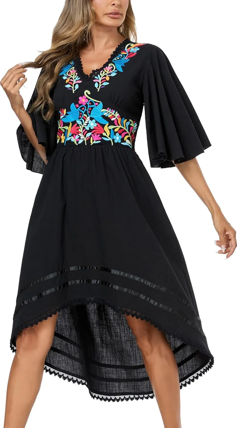 Women's Mexican Dress Casual Floral Embroidered V Neck Flowy 3/4 Sleeve Beach Sundress Cocktail Dress