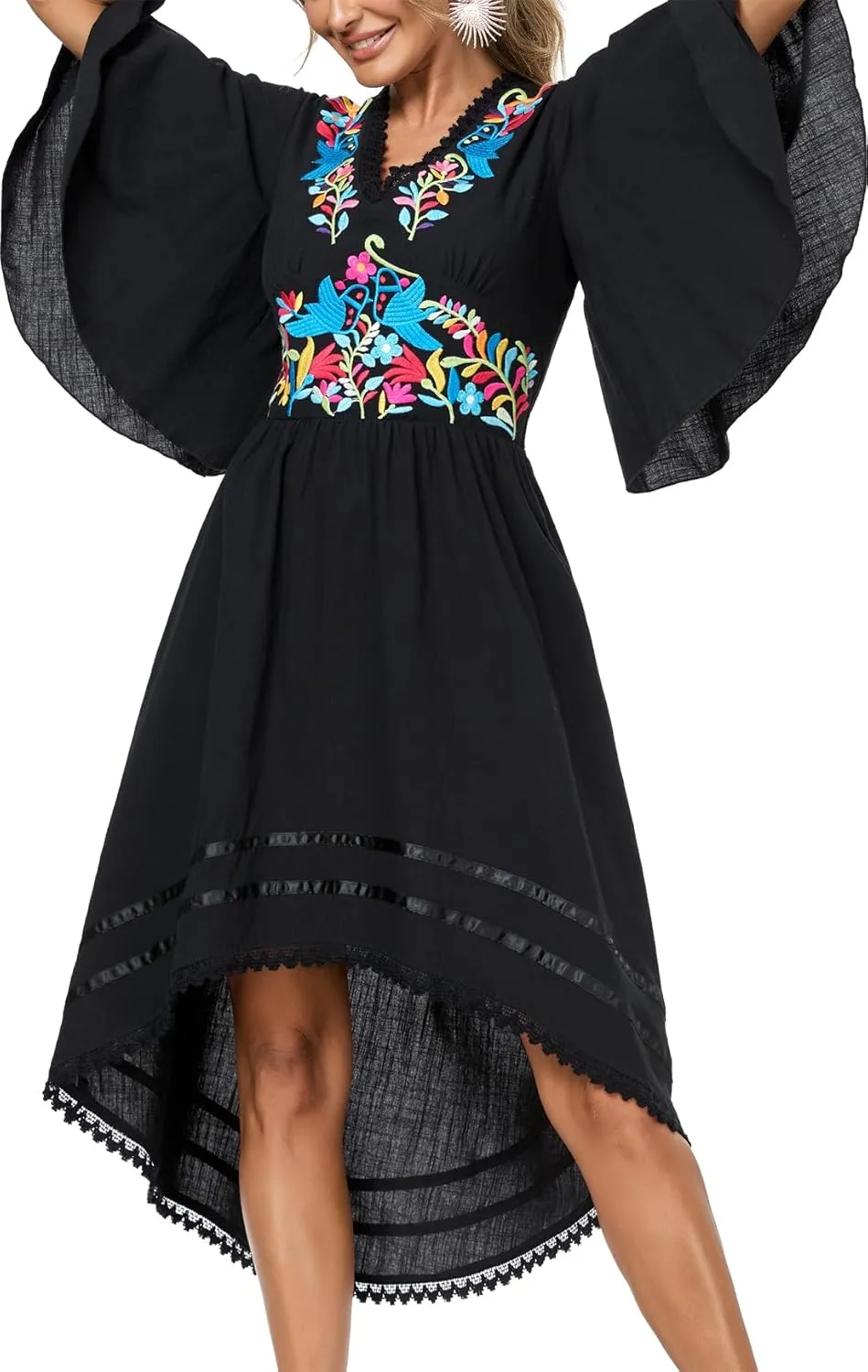Women's Mexican Dress Casual Floral Embroidered V Neck Flowy 3/4 Sleeve Beach Sundress Cocktail Dress