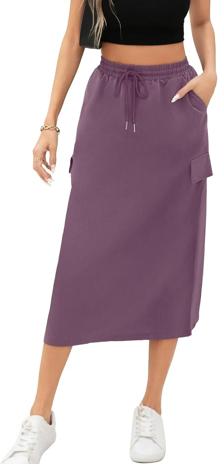 Women's Midi Cargo Skirt High Waist Drawstring Summer Slit Dressy Casual Skirts with Pockets