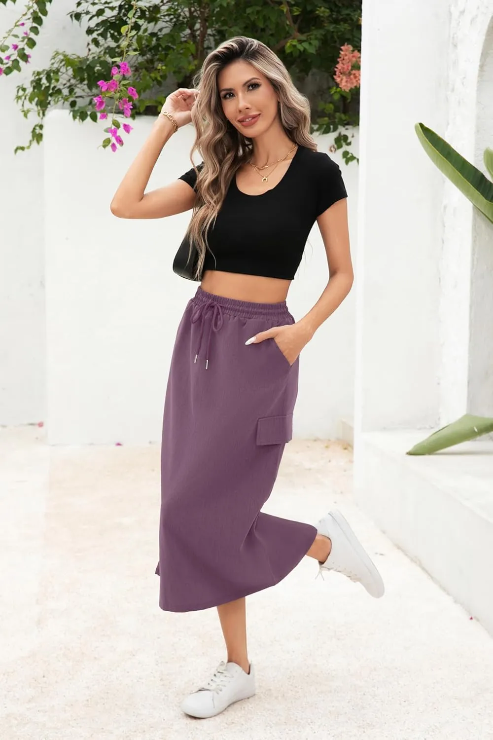 Women's Midi Cargo Skirt High Waist Drawstring Summer Slit Dressy Casual Skirts with Pockets