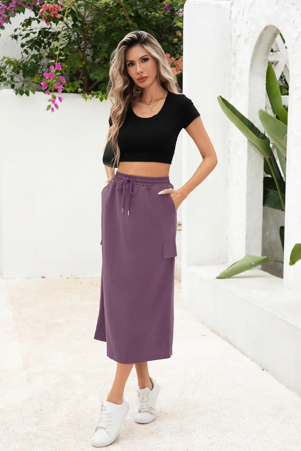 Women's Midi Cargo Skirt High Waist Drawstring Summer Slit Dressy Casual Skirts with Pockets