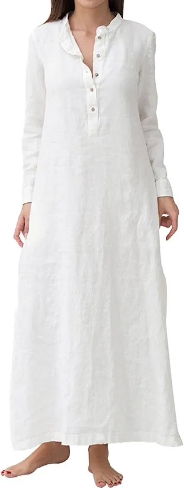 Women's Plus Size Long Sleeve Cotton Linen Split Kaftan Maxi Dress S-3XL