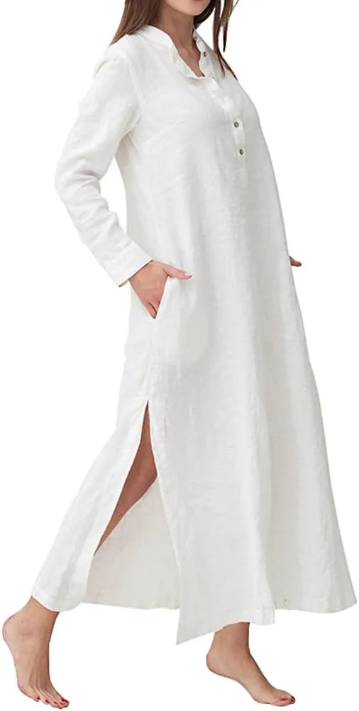 Women's Plus Size Long Sleeve Cotton Linen Split Kaftan Maxi Dress S-3XL