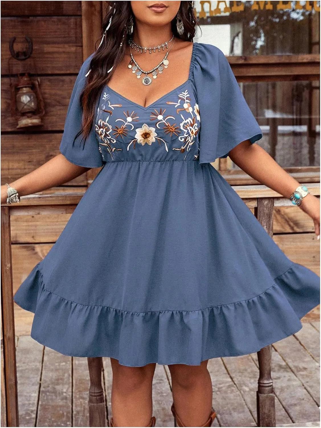 Women's Plus Size Western Dress Floral Embroidered Cowgirl Dresses Country Mini Summer Dress
