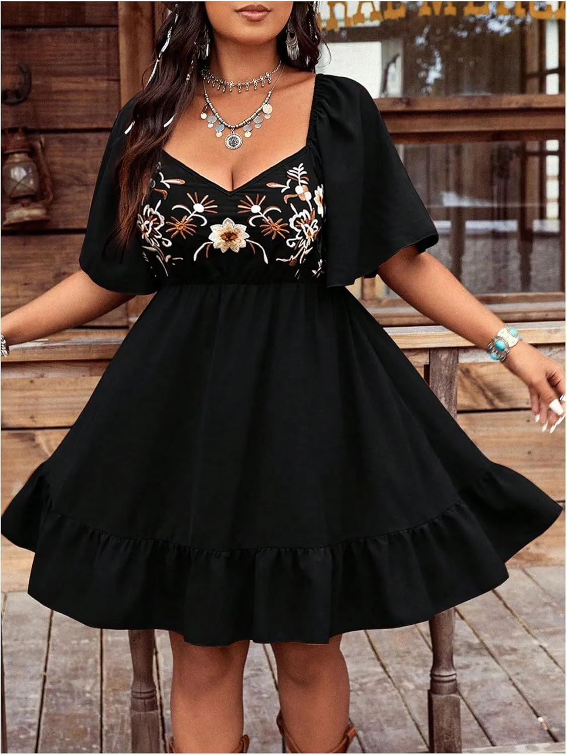 Women's Plus Size Western Dress Floral Embroidered Cowgirl Dresses Country Mini Summer Dress