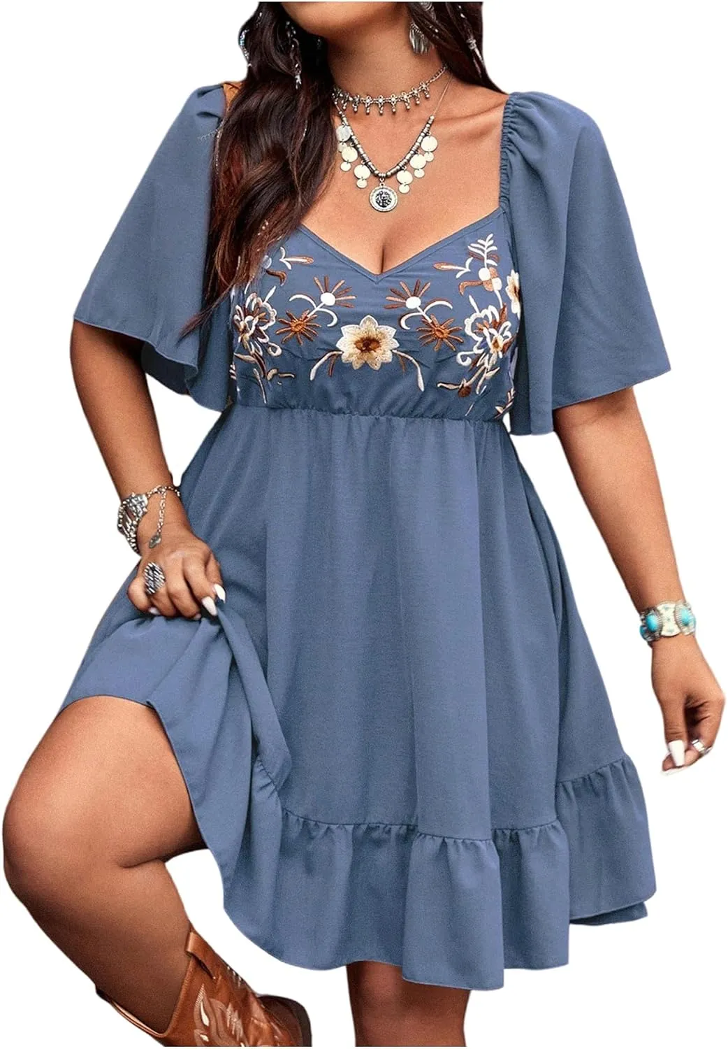Women's Plus Size Western Dress Floral Embroidered Cowgirl Dresses Country Mini Summer Dress