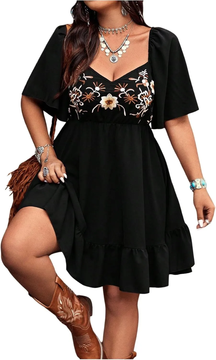 Women's Plus Size Western Dress Floral Embroidered Cowgirl Dresses Country Mini Summer Dress