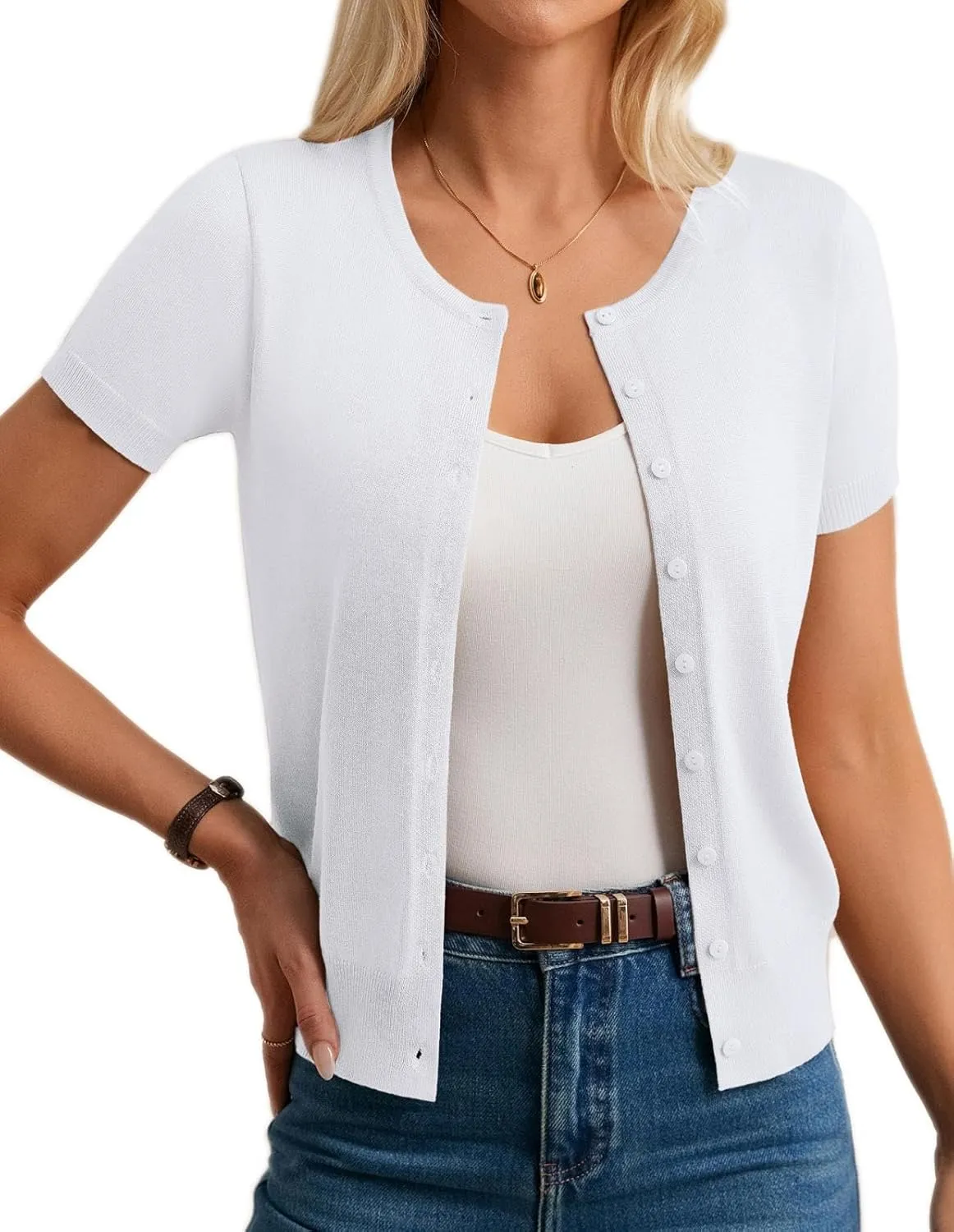 Womens Short Sleeve Cardigan Crew Neck Basic Casual Button Down Knit Soft Sweater