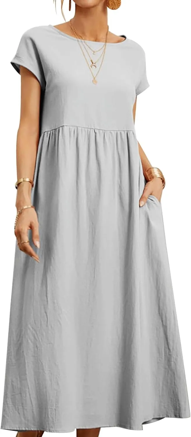 Women's Summer Cotton Short Sleeve Maxi Dress Crew Neck Casual Beach Dresses with Pockets