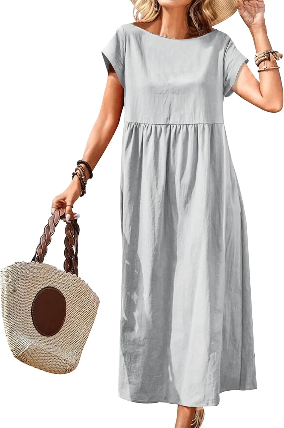 Women's Summer Cotton Short Sleeve Maxi Dress Crew Neck Casual Beach Dresses with Pockets