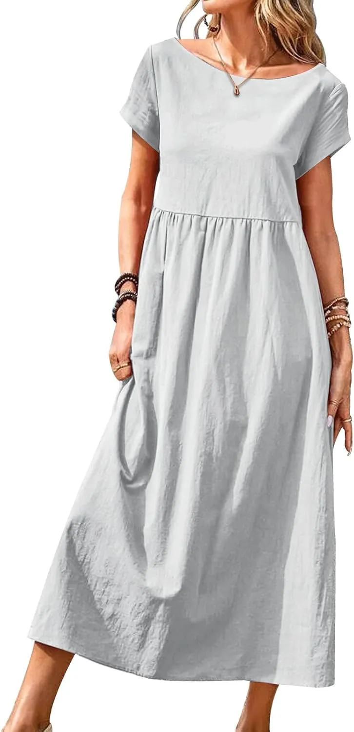 Women's Summer Cotton Short Sleeve Maxi Dress Crew Neck Casual Beach Dresses with Pockets