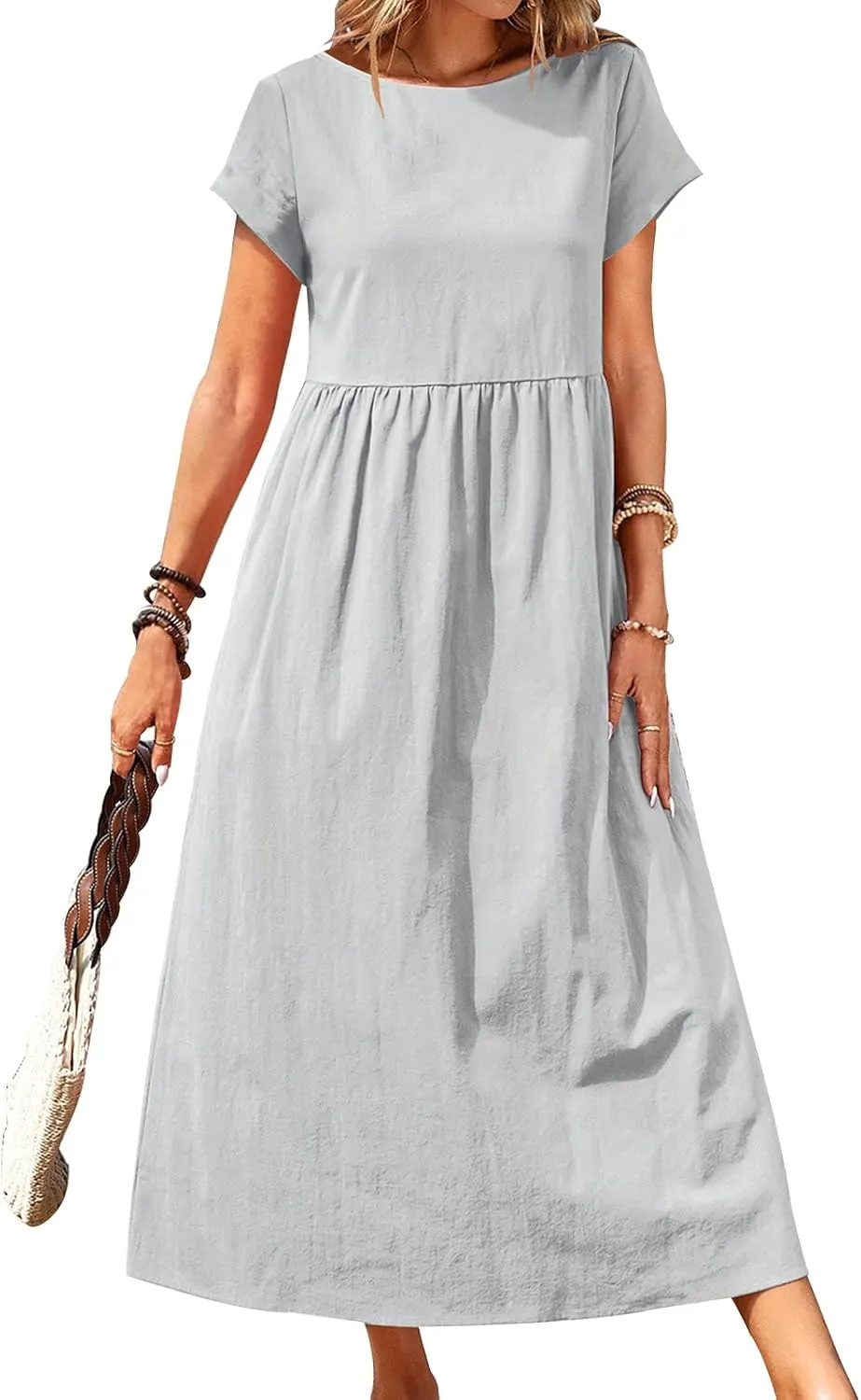 Women's Summer Cotton Short Sleeve Maxi Dress Crew Neck Casual Beach Dresses with Pockets