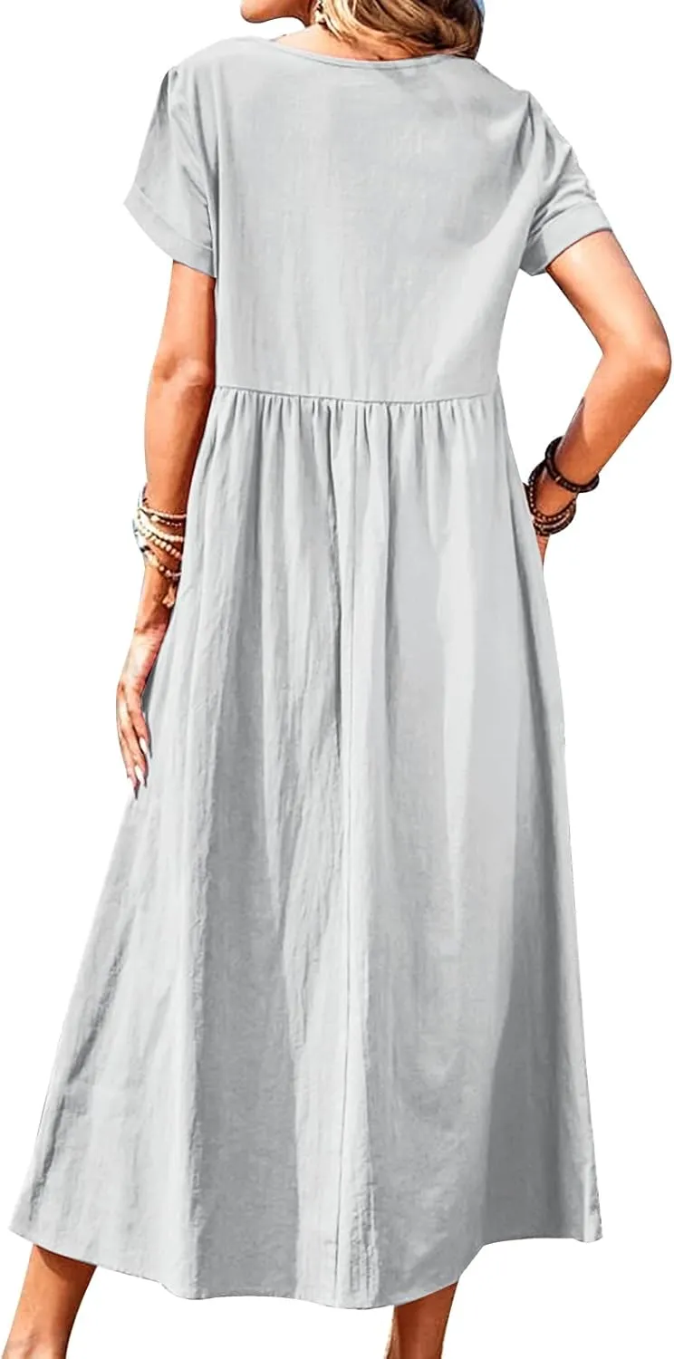 Women's Summer Cotton Short Sleeve Maxi Dress Crew Neck Casual Beach Dresses with Pockets