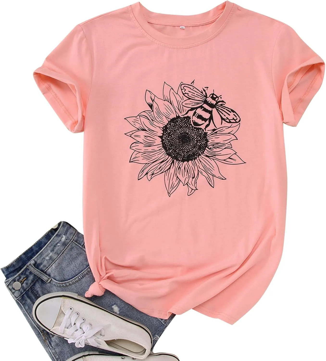 Women's Summer Sunflower T Shirt Cute Flower Graphic Loose Tees Crew Neck Short Sleeve Casual Tops