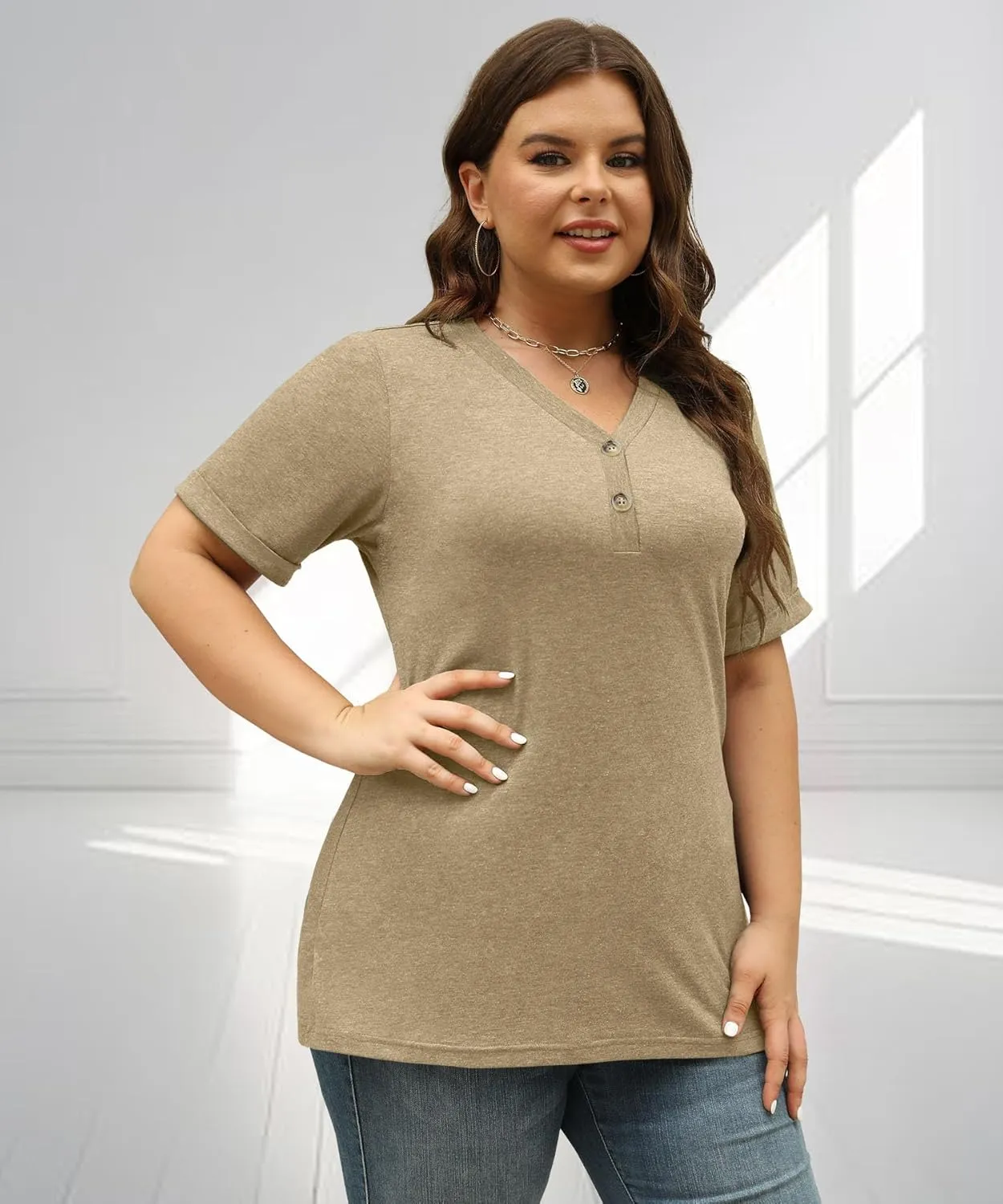 Womens Summer Tops Trendy Button Down V Neck Shirts Short Sleeve Blouses Business Casual Loose Tunics