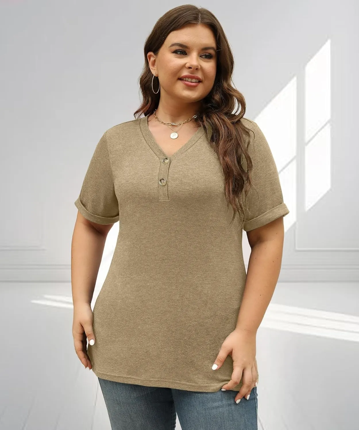 Womens Summer Tops Trendy Button Down V Neck Shirts Short Sleeve Blouses Business Casual Loose Tunics