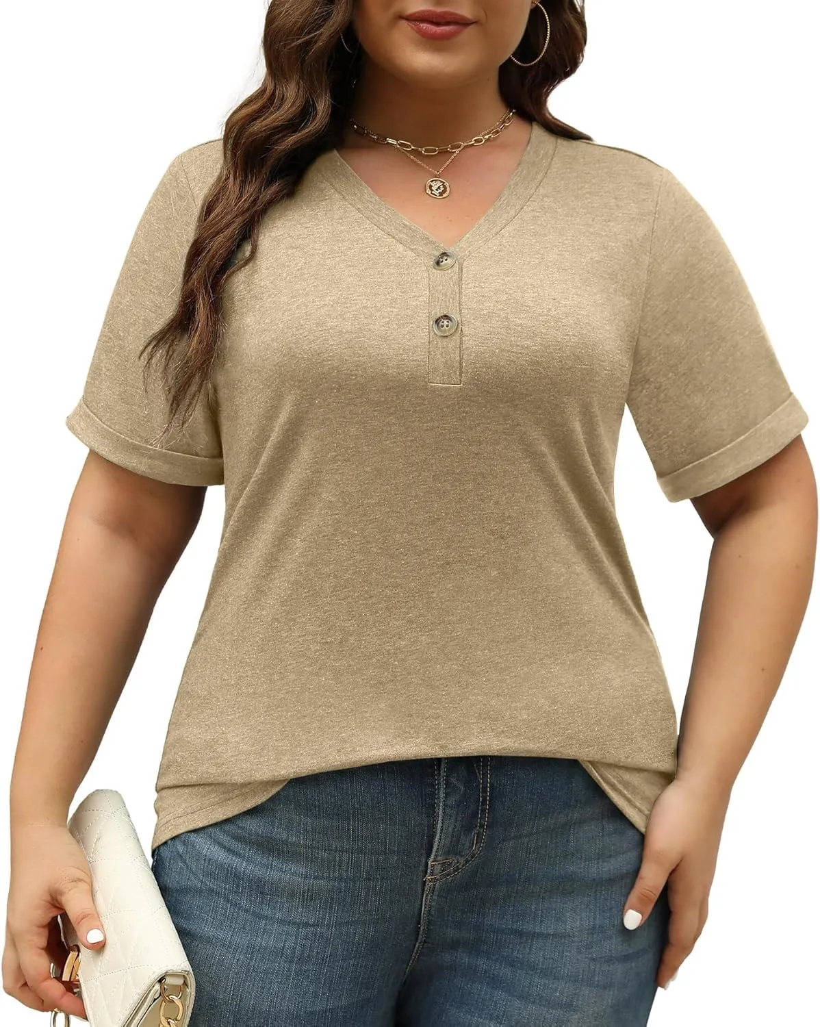 Womens Summer Tops Trendy Button Down V Neck Shirts Short Sleeve Blouses Business Casual Loose Tunics