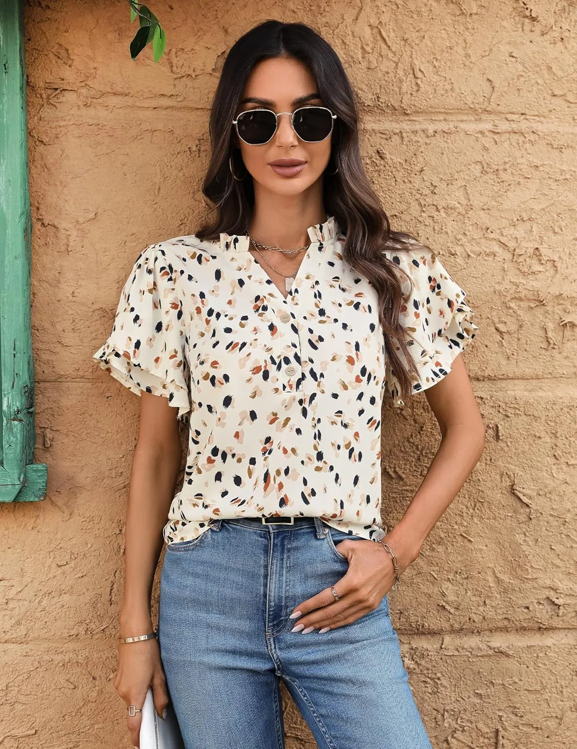 Womens Tops Dressy Casual Trendy Business Work Blouses Short Sleeve Ruffled V-Neck Tshirts