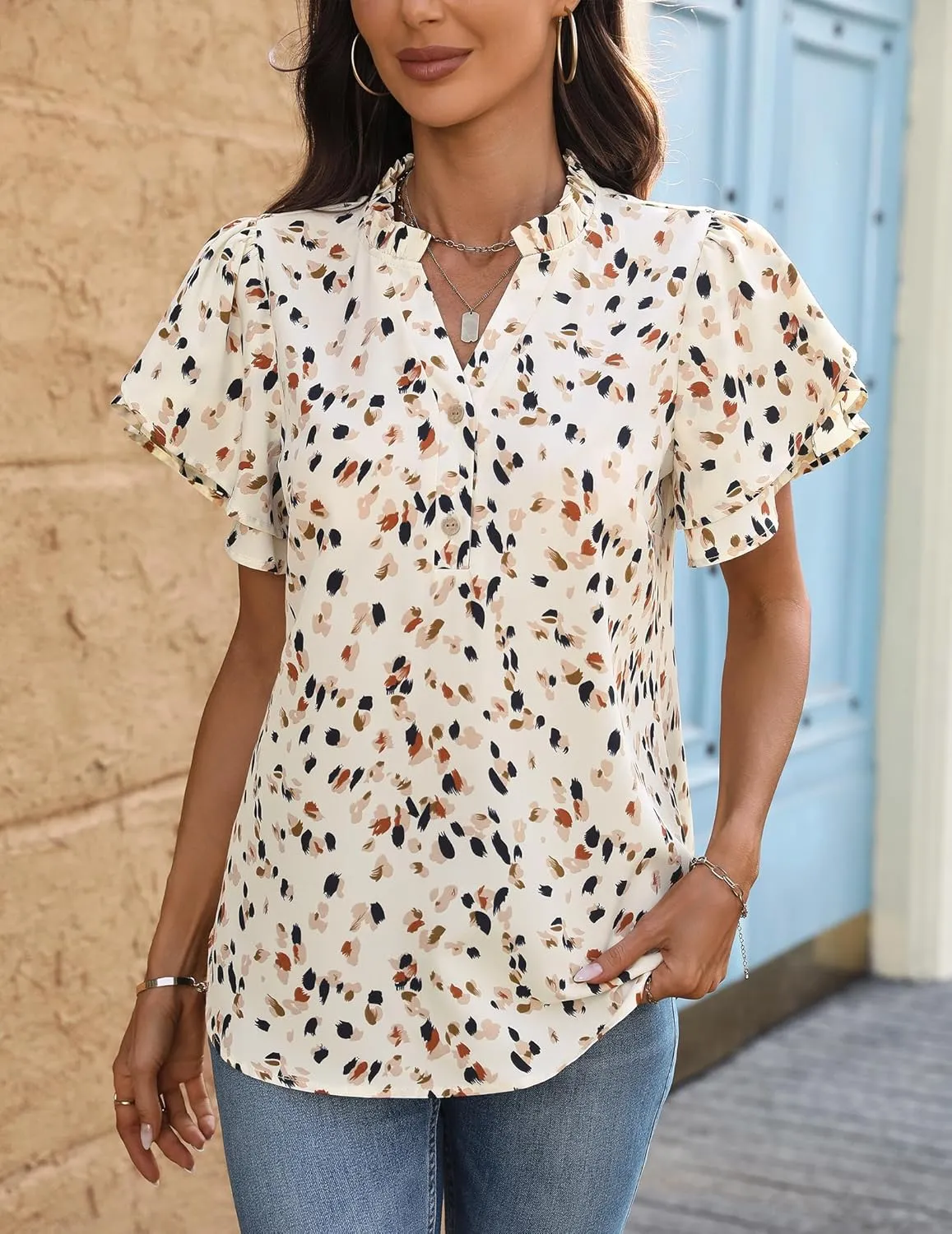 Womens Tops Dressy Casual Trendy Business Work Blouses Short Sleeve Ruffled V-Neck Tshirts
