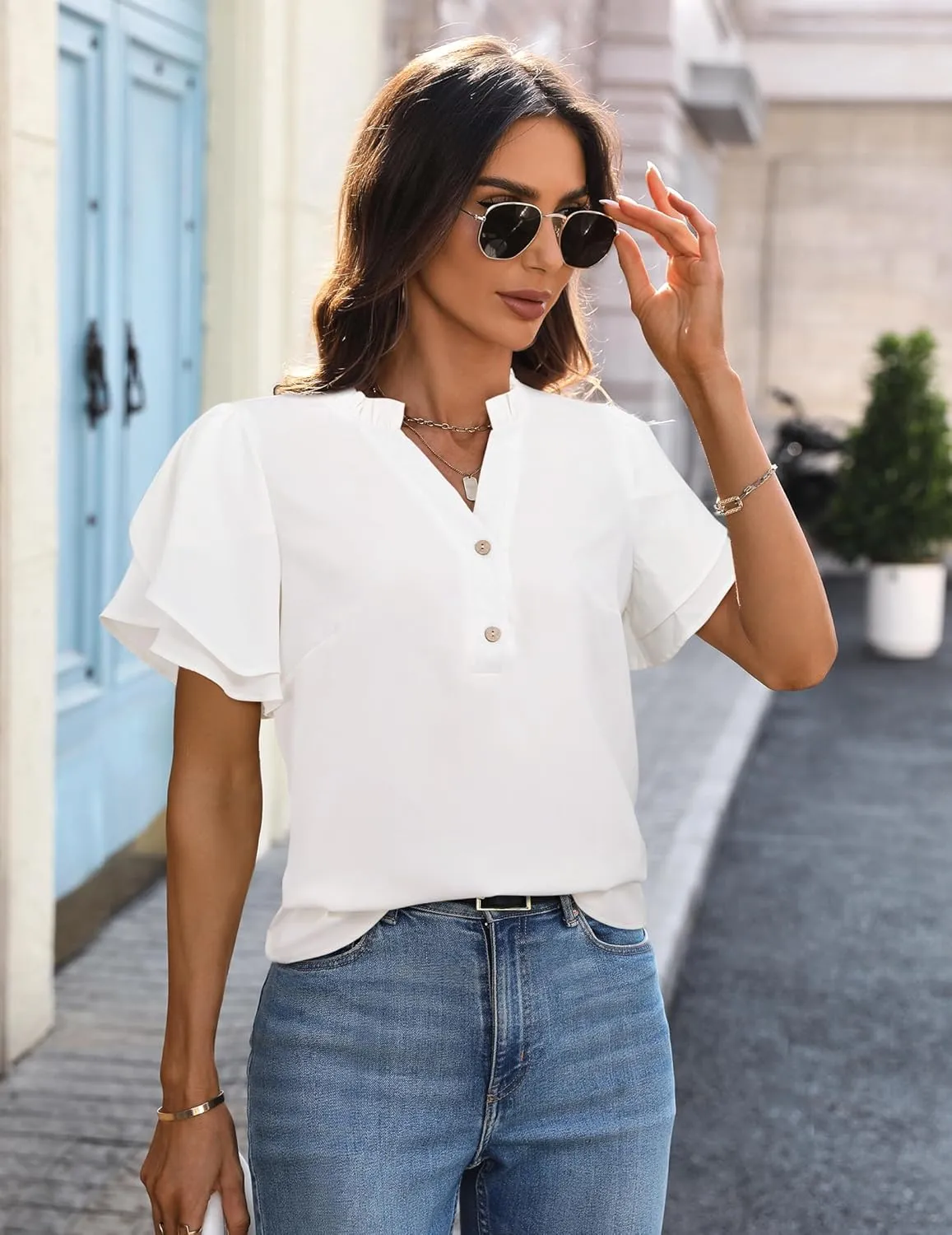 Womens Tops Dressy Casual Trendy Business Work Blouses Short Sleeve Ruffled V-Neck Tshirts