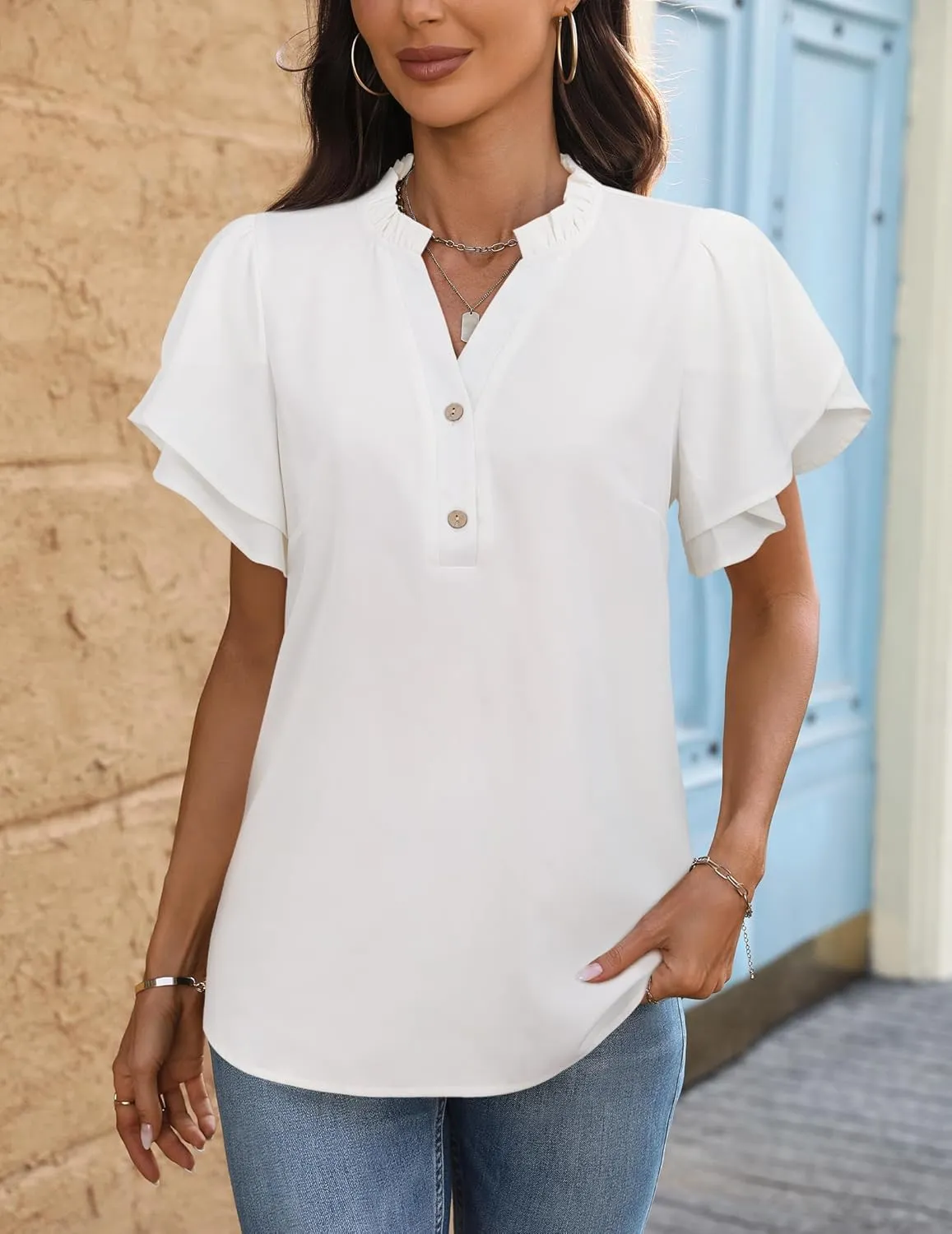 Womens Tops Dressy Casual Trendy Business Work Blouses Short Sleeve Ruffled V-Neck Tshirts