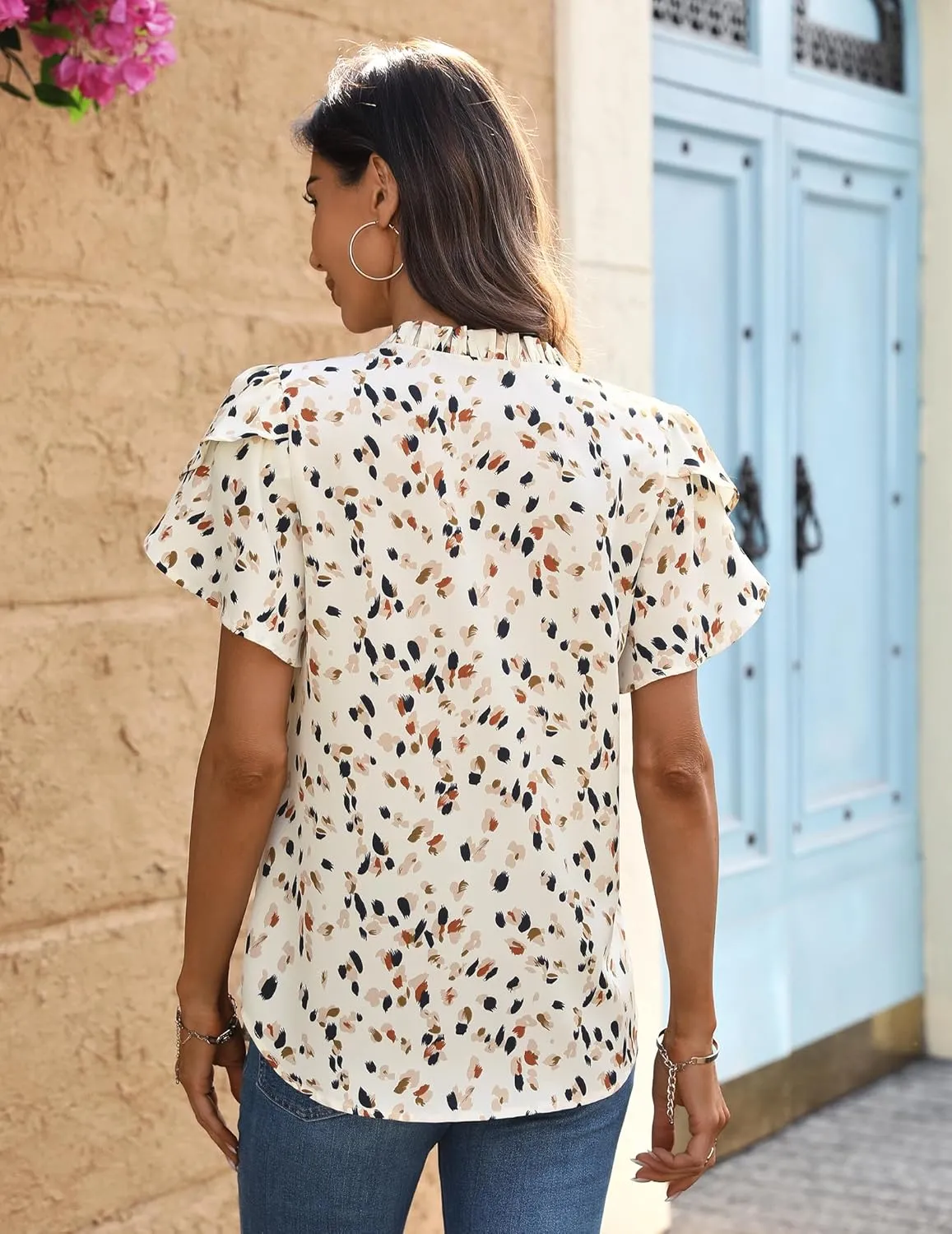 Womens Tops Dressy Casual Trendy Business Work Blouses Short Sleeve Ruffled V-Neck Tshirts