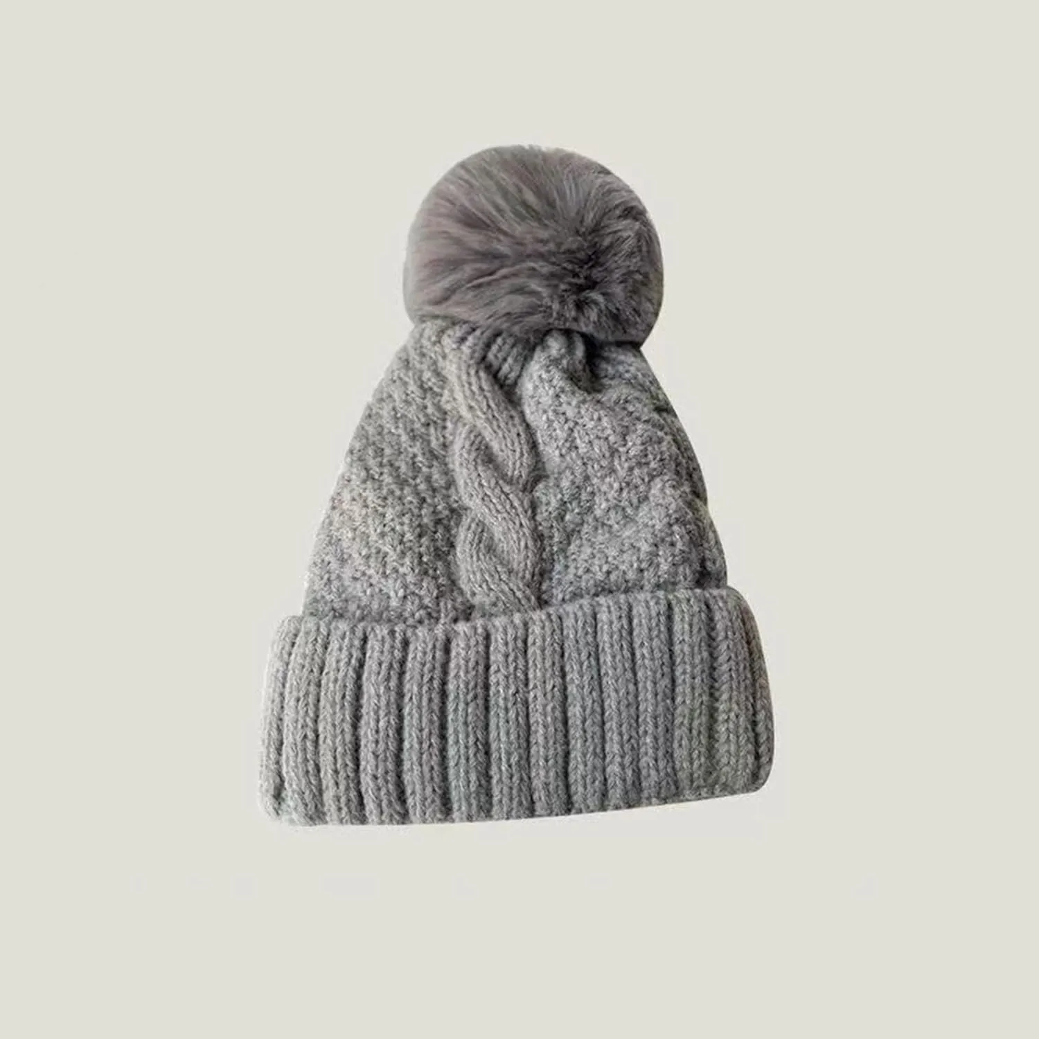 Womens Winter Beanie Hat Chunky Knit Solid Cuffed Beanies Hats Women Outdoor Warm Breathable Skull Cap with Pompom