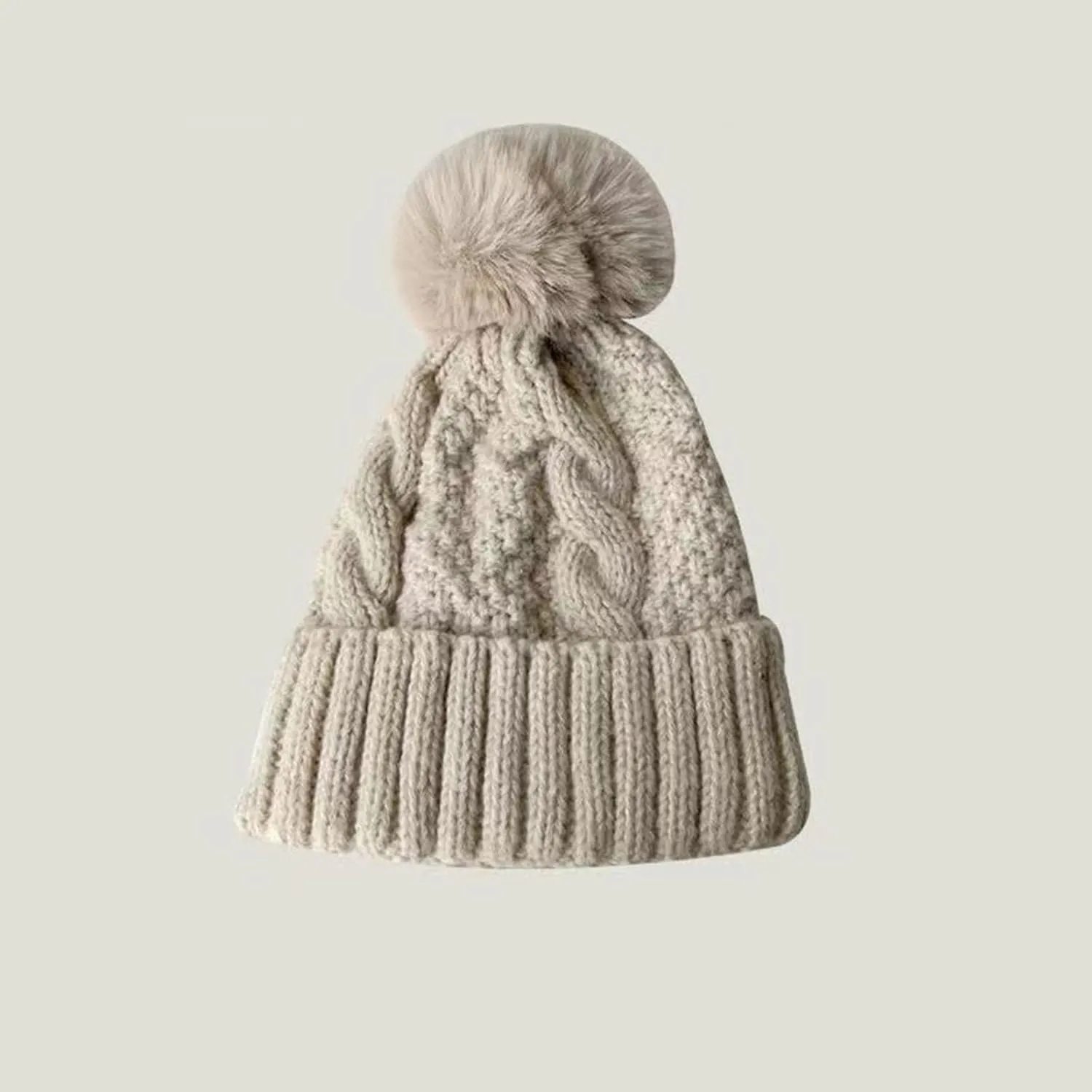 Womens Winter Beanie Hat Chunky Knit Solid Cuffed Beanies Hats Women Outdoor Warm Breathable Skull Cap with Pompom