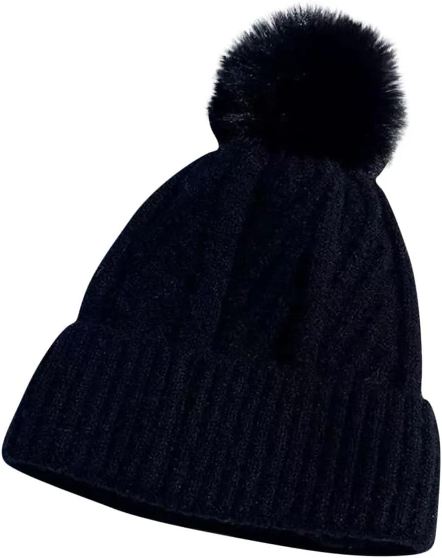 Womens Winter Beanie Hat Chunky Knit Solid Cuffed Beanies Hats Women Outdoor Warm Breathable Skull Cap with Pompom