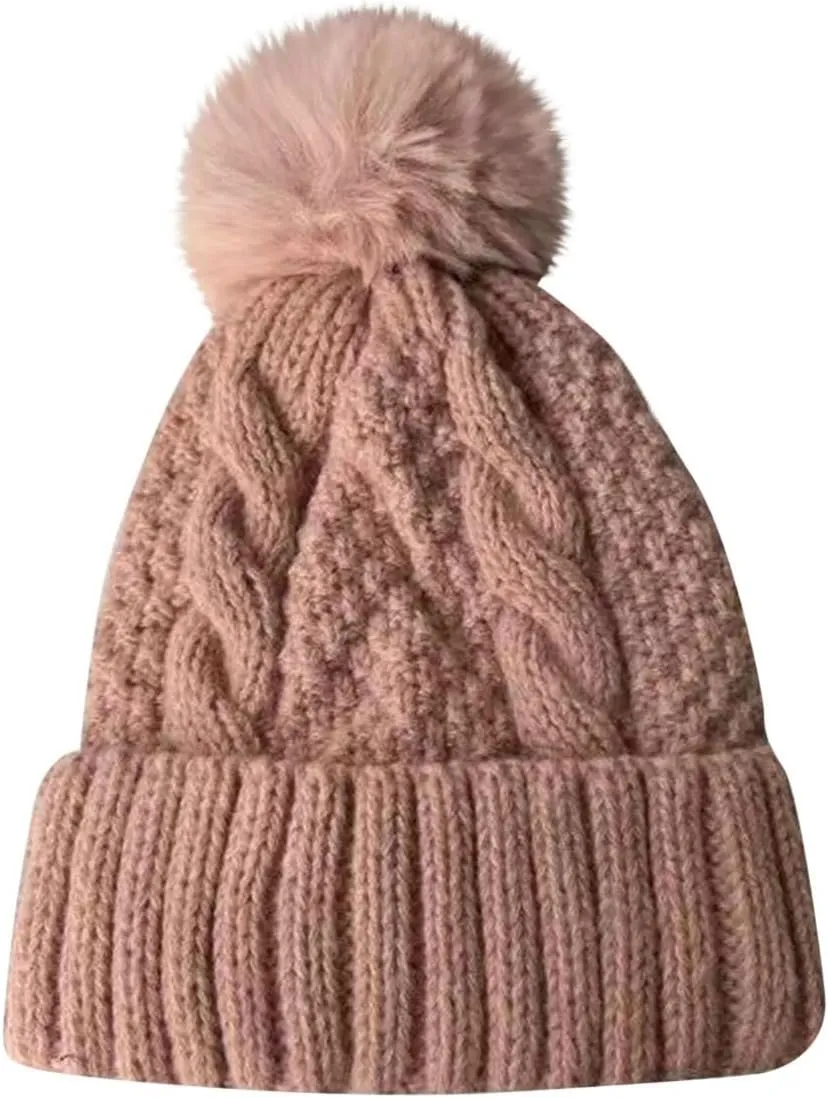 Womens Winter Beanie Hat Chunky Knit Solid Cuffed Beanies Hats Women Outdoor Warm Breathable Skull Cap with Pompom