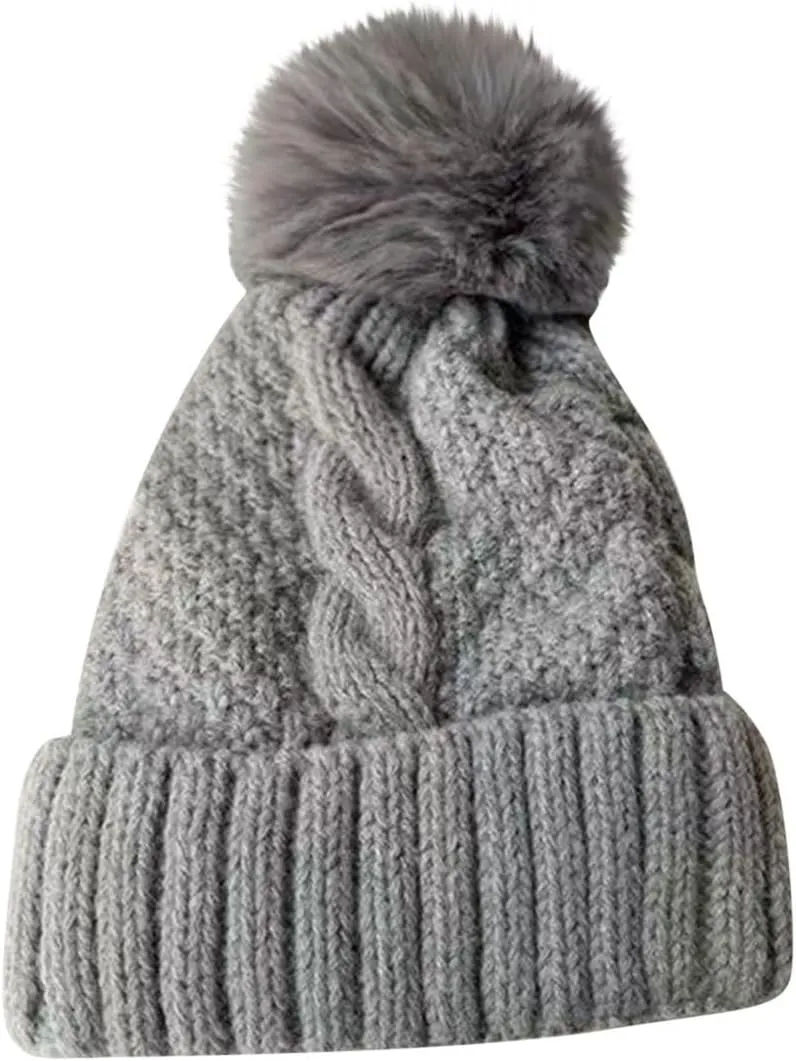 Womens Winter Beanie Hat Chunky Knit Solid Cuffed Beanies Hats Women Outdoor Warm Breathable Skull Cap with Pompom