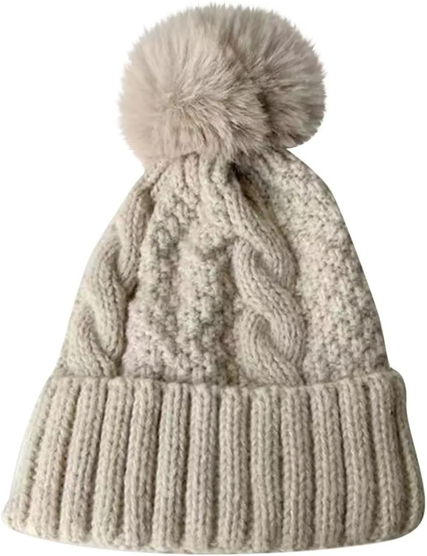Womens Winter Beanie Hat Chunky Knit Solid Cuffed Beanies Hats Women Outdoor Warm Breathable Skull Cap with Pompom